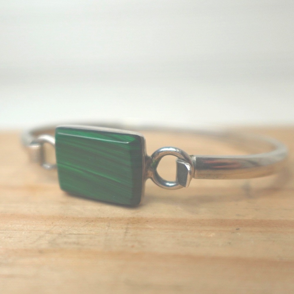Mexico 925 Sterling Silver Green Malachite Hook & Loop Clasp Bangle Bracelet 21g